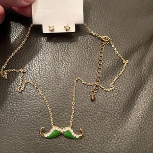 Mustache Necklace and “Diamond” Stud Earrings